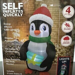 4ft Holiday Inflatable PENGUIN w/Gift Box LED Christmas Light Outdoor Lawn Decor